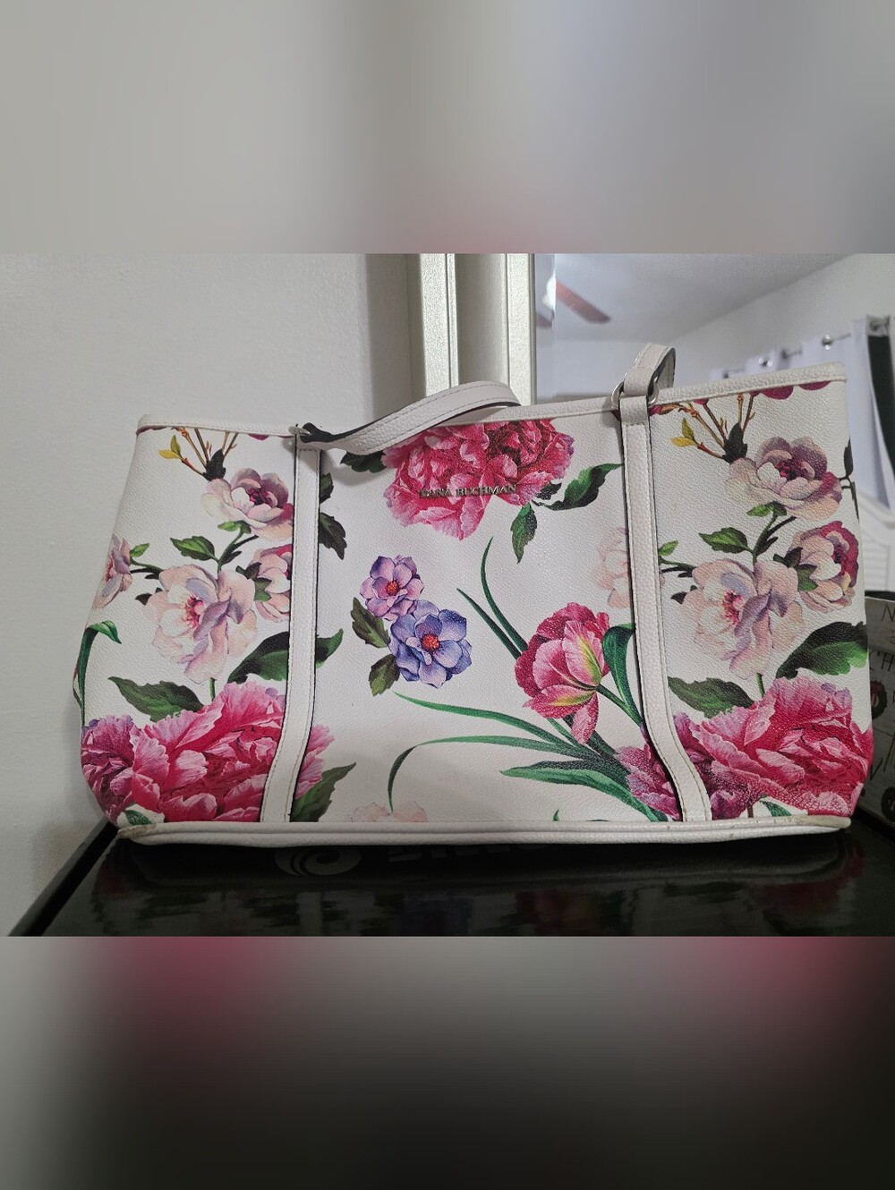DANA BUCHMAN Floral Print White Tote Bag with Pink Accents